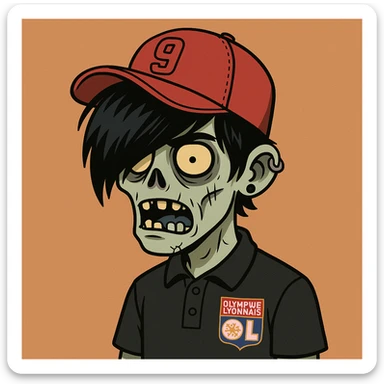 zombie boy with black emo hair and piercing, black polo shirt with Lyon logo, red cap with a '9', cartoon style sticker