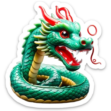 Cinematic Comical Chinese Serpent Dragon Portrait Emoji, Head tilted dramatically with an exaggeratedly amused expression, featuring a sleek, serpentine form adorned in luminous jade and vermilion scales interlaced with playful cloud and water accents; rendered with vibrant, lifelike textures and dynamic natural shadows, high shine, playful yet wise, styled with an air of cheeky ancient mystique, soft glowing outline, capturing the essence of a spirited and humorously enigmatic celestial dragon that looks ready to spiral into legendary lore! sticker