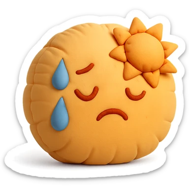 plush face with sweat and sun, hot weather, warm colors, soft cushion style sticker