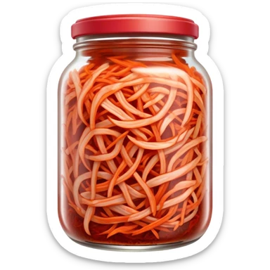 Shredded Kimchi Cinematic Realistic Kimchi Dish Emoji, depicted as spicy, fermented cabbage with vibrant red hues neatly served in a traditional jar, rendered with dynamic textures and bold, appetizing lighting. sticker