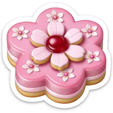 Realistic shortbread cookie in the shape of a cherry blossom with pale pink color jelly middle filling and sprinkled powder sugar on top. sticker