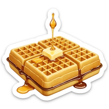 cute cartoon-style golden waffle with grid pattern, topped with small square of melting butter and maple syrup drizzle, soft lighting, minimal shadows sticker