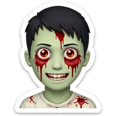 Teen zombie with black hair smiling with blood all over him sticker