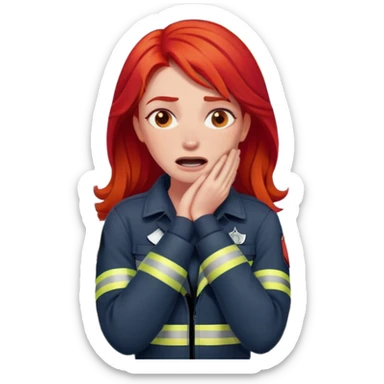 Woman with fire truck, red hair, crossing her arms, holding her neck with exes over her eyes and screaming sticker