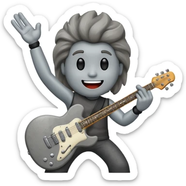 a rock with a happy face that is holding up a rock and roll hand and an electric guitar sticker