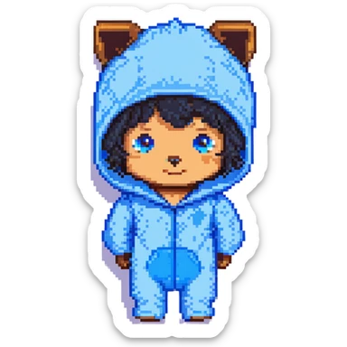 Minecraft pixel art face of OMZ, with blue dog onesie hood, curly black hair, brown eyes, matching the reference sticker