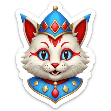 crazy colorful cute little cat jolly joker from poker, medieval, vintage, court jester, mac os icon, blue and red color, half body sticker