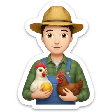 UN HOMBRE VESTIDO DE GRANJERO PIEL CLARA Y PELO OSCURO CON UNA GALLINA  sticker