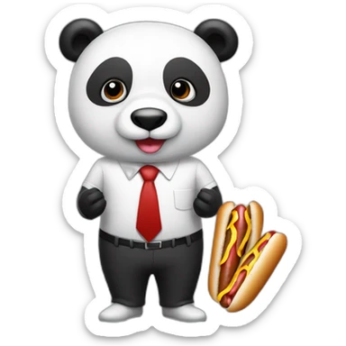 A professor with white suit and red tie and a panda face eating hotdogs and holding a book sticker