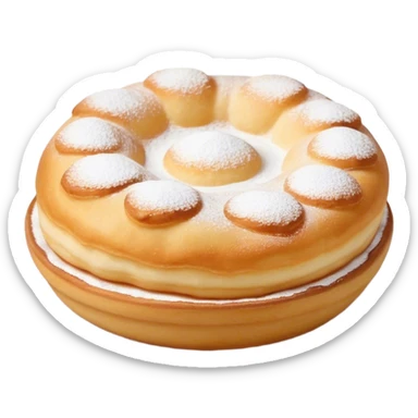 Cinematic Realistic image of simple round buñuelos, depicted with a lightly crisp, golden exterior and soft, airy interior, dusted with a subtle layer of powdered sugar and set against a rustic backdrop with warm, inviting lighting. sticker