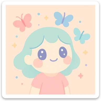 character with butterflies around their head, dreamy expression, pastel colors, soft and whimsical sticker