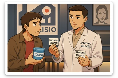 fai un webtoon manga a colori con questo stile, in cui un uomo ASCOLTA Il kinesiologo con il camice bianco (fagli anche la scritta "ANTONIO ANANIA" SUL CAMICE, IL KINESIOLOGO SPIEGA ALL'UOMO UNA COSA TENENDO DUE FOGLIETTINI IN MANO, UNO CON LA SCRITTA "ZUCCHERO DEL LATTE" E UNA CON LA SCRITTA "PROTEINE DEL LATTE". L'UOMO OSSERVA LO YOGURT CHE HA IN MANO CON ESPRESSIONE DUBBIOSA IN VOLTO. non fare i fumetti però, fai solo in modo che sembri stiano parlando sticker