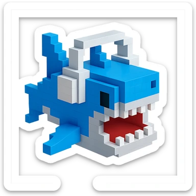 voxel style shark with white headphones, open mouth, blocky, blue and silver, no background sticker