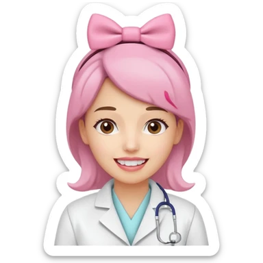 oji style illustration of a female dentist, friendly and smiling, wearing a white coat, with a small pink bow on her head, representing oral cancer awareness, caring and healing, soft colors, simple design, flat illustration, white background. sticker