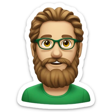 An emoji of a face of white man with long wavy brown hair tied into a bun, wearing green prescription glasses. He also has a long beard sticker