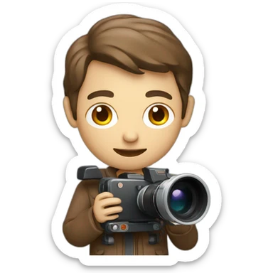European film director with brown piled short hair holding a cinema camera sticker