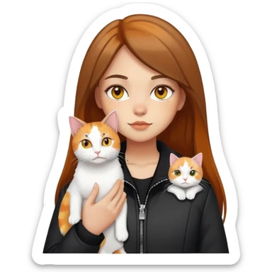 Light-skinned girl with brown straight hair wearing a black jacket, holding one pure white cat with yellow eyes and one calico cat with orange and black patches sticker