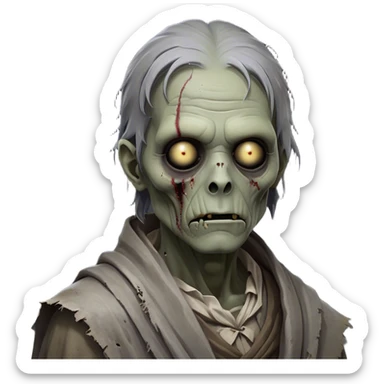 Cinematic Noble Zombie Portrait Emoji, Surprisingly dignified and somber, with a decaying yet strangely regal visage in ashen grays and muted tones, draped in tattered attire hinting at a lost grandeur, simplified yet meticulously detailed, glowing with a soft, eerie radiance and a gentle outline that evokes the tragic nobility of the undead! sticker
