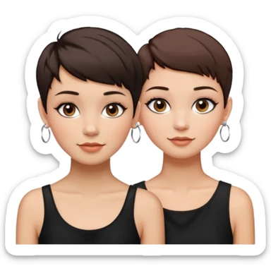 Puerto Rican fair skin straight brown pixie cut hair with hoop earrings make up and my best friend brown  colored pixie cut with jewelry and makeup on her face besties side-by-side wearing black  sticker