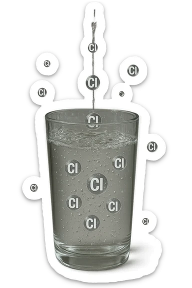 un bicchiere di acqua cade verticalmente dall'alto realistico e dettagliato, dentro l'acqua del bicchiere ci sono particelle di cloro ben visibili con la scritta "Cl" sopra, ci sono particelle anche che escono dal bicchiere e fluttuano in aria verticalmente, mentre alcune sono all'interno dell'acqua nel bicchiere, iperrealistico 4k sticker