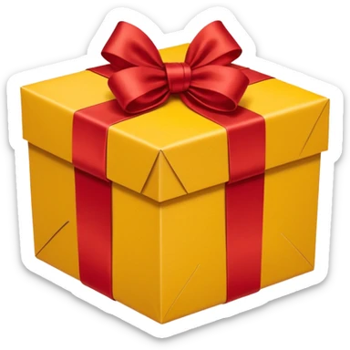 box with yellow wrapping paper and a length of red ribbon surrounding it on the ground so you can see most of the box's cardboard sticker