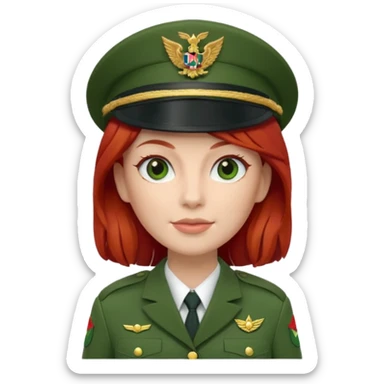 iOS Memoji style, white woman, red hair, green military officer uniform, peaked cap, 3D render, white background. sticker