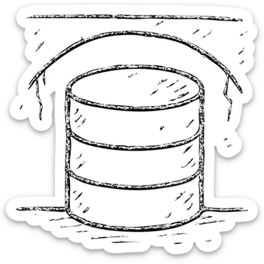 minimalist hand-drawn outlined icon of a database cylinder in a basement or underground setting, worn distressed effect sticker