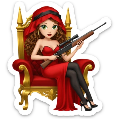 Drug dealer female green eyes symbol.  hair is brown curly long hair. sexy long with long red and black dress and mouth veil cover on that covers her mouth only. black stiletto platform high heels shoes on. Holding sniper rifle sitting on a gold throne. sticker