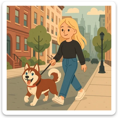 Cute Blonde woman wearing a black sweater and jeans and white sneakers walking a happy red-brown blue-eyed Siberian husky in New York City on an upper east side city sidewalk, flat toon style  sticker