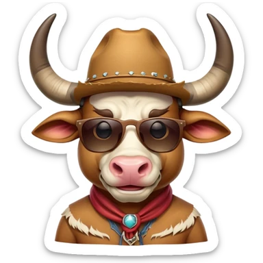 friendly anthropomorphised bull head with horns, wearing sunglasses and a cowboy hat sticker