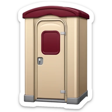 Beige Porta potty with maroon top and bathroom symbol sticker