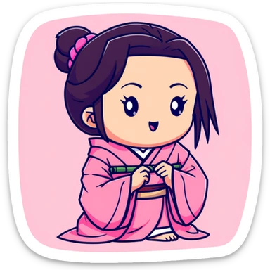 cute chibi Nezuko biting bamboo muzzle with her teeth clearly visible, pink kimono sticker