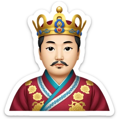 Cinematic Realistic King Sejong Portrait Emoji, depicted as a wise benevolent monarch in traditional Korean royal attire with a thoughtful gaze, rendered with intricate textures and regal soft lighting that captures his historical significance. sticker