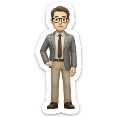Full height Gesticulating Pale skinned fit man with dark brown hair in gray jacket, beige office shirt, brown tie, brown pants and vintage glasses. sticker