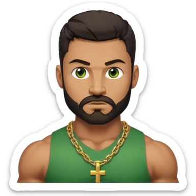 green eyes, dark short hair, muscular shoulders, wide cross, gold chain, big lips big nose big eyes, masculine good looking, dark beard, muscular strong looking sticker