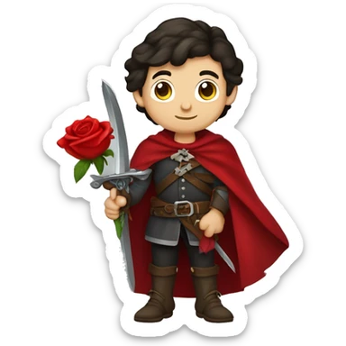 caucasian boy dark hair musketeer with red rose shoulder medieval cape and sword sticker