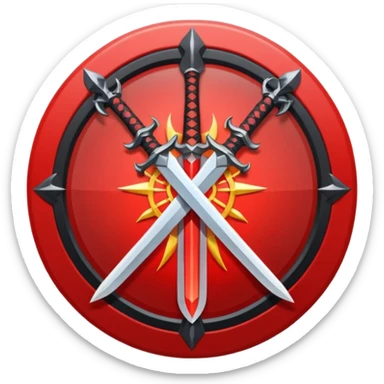 Make an mmo rpg red sword class icon inside of a round emblem in anime style sticker