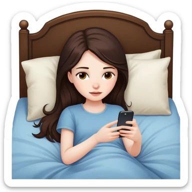 girl with long dark brown hair and pale laying in bed looking at her phone sticker
