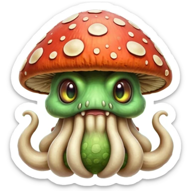 poisonous mushroom beast portrait, head and shoulders only, creature made mostly of mushroom flesh, thick mushroom cap head, layered fungal textures, toxic green spore glow, animal-like eyes, fantasy monster pet vibe, 3D cartoon, mobile game icon style, clean background, no text, no watermark

 sticker
