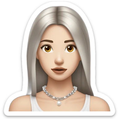 24 years old girl looking weary with white complexion and straight hair around armpit length with brown hair with silver and pearl chain necklace another layer of silver chain necklace sticker