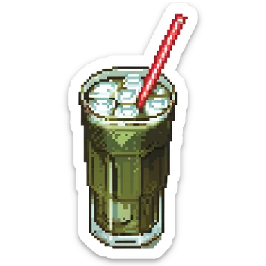 Glass of sugarcane juice with ice cubes, pale green liquid, and a straw sticker