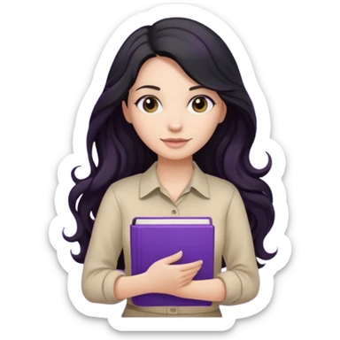 Long Hair Women with purple Book, Black wavy hair, beige shir, without background sticker