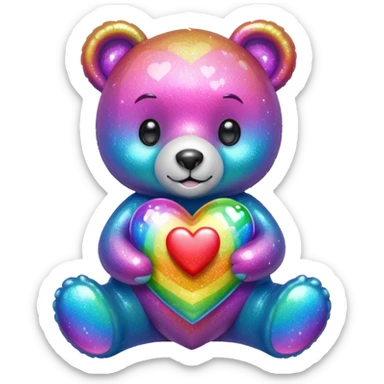 Glitter Rainbow Bear holding a heart sticker