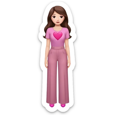  emoji, white person, inspired with brunette hair, brown eyes, long hair, heart shape lips and pink make up  and pink nails, mauve pink blush and brown wide leg pants, burgundy shoulder drop shirt, brown heels , princess hair, brown heels, no floating hearts  sticker