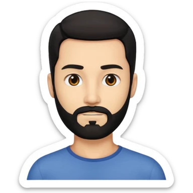 A man with black eyes. With a black beard and medium smooth hair. with the neck sticker