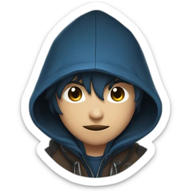 Boy brown developer left side behind his laptop with this style: Valorant Riot Game blue character blue black hooded hacker  sticker