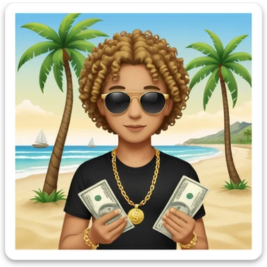 Mixed-race person with curly hair, black t-shirt, gold chain necklace, holding dollar bills in both hands, wearing black sunglasses, beach with palm trees in background sticker