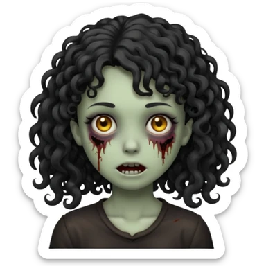 Emoji garota zombie sem ferimentos no rosto com cabelo preto cacheado longo com franja cacheada sem volume sticker