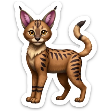 A Colorful  exotic tropical tribal cute happy realistic esoteric patterned fluffy furry dark caracal-Lykoi-bobcat-sphynx-genet-serval-Fakémon-fursona-hybrid-fusion-animal-creature, full body, 4-legged sticker