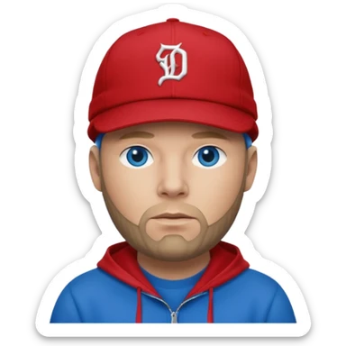 Fred Durst with dark blonde hair, blue eyes, red outfit and cap sticker